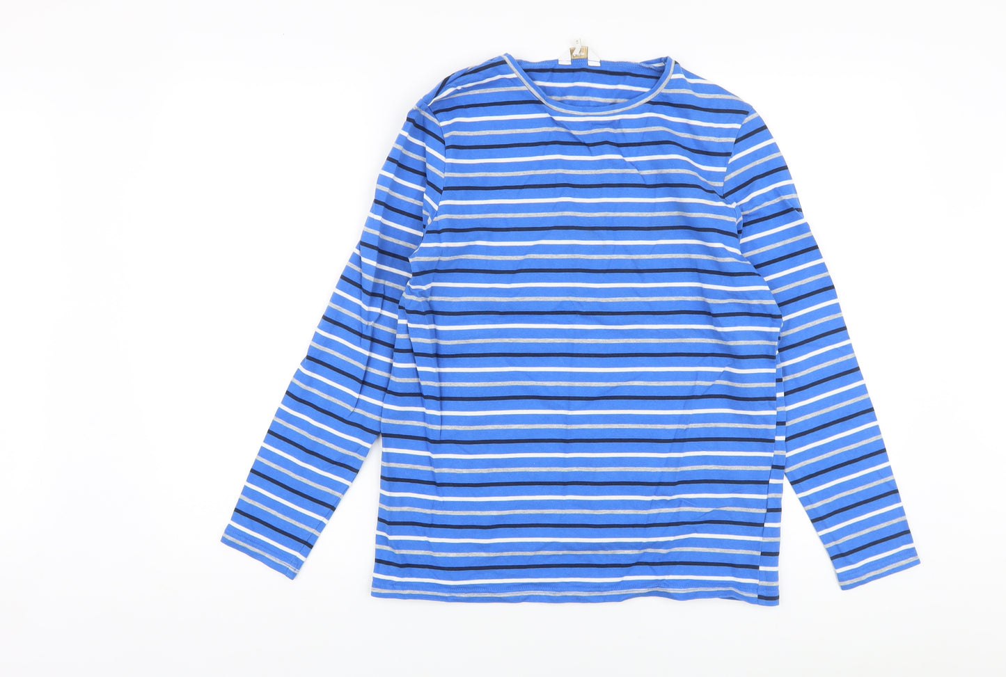 Cotton Traders Womens Blue Striped Cotton Basic T-Shirt Size 14 Crew Neck