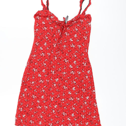PRETTYLITTLETHING Womens Red Floral Viscose Mini Size 6 Sweetheart Pullover
