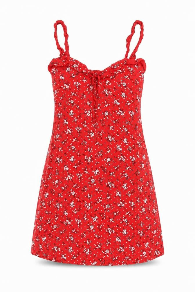 Front view of PRETTYLITTLETHING women’s red floral viscose mini, size UK 6, sweetheart pullover
