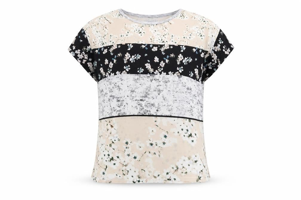 Front view of Zara women’s multicoloured floral polyester basic t-shirt, size S, round neck