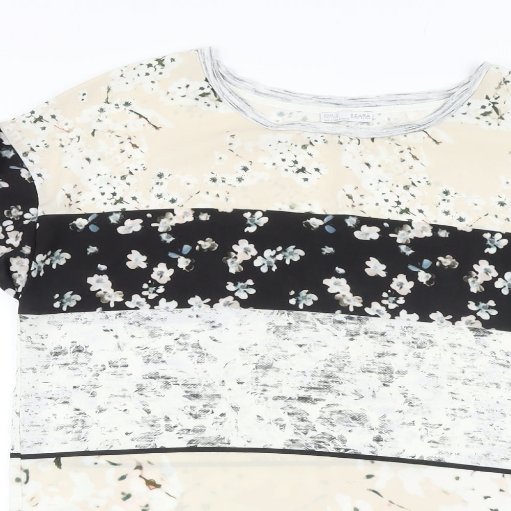 Zara Womens Multicoloured Floral Polyester Basic T-Shirt Size S Round Neck