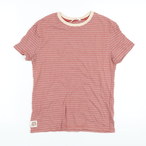 Marks and Spencer Boys Red Striped Cotton Basic T-Shirt Size 9-10 Years Crew Neck Pullover