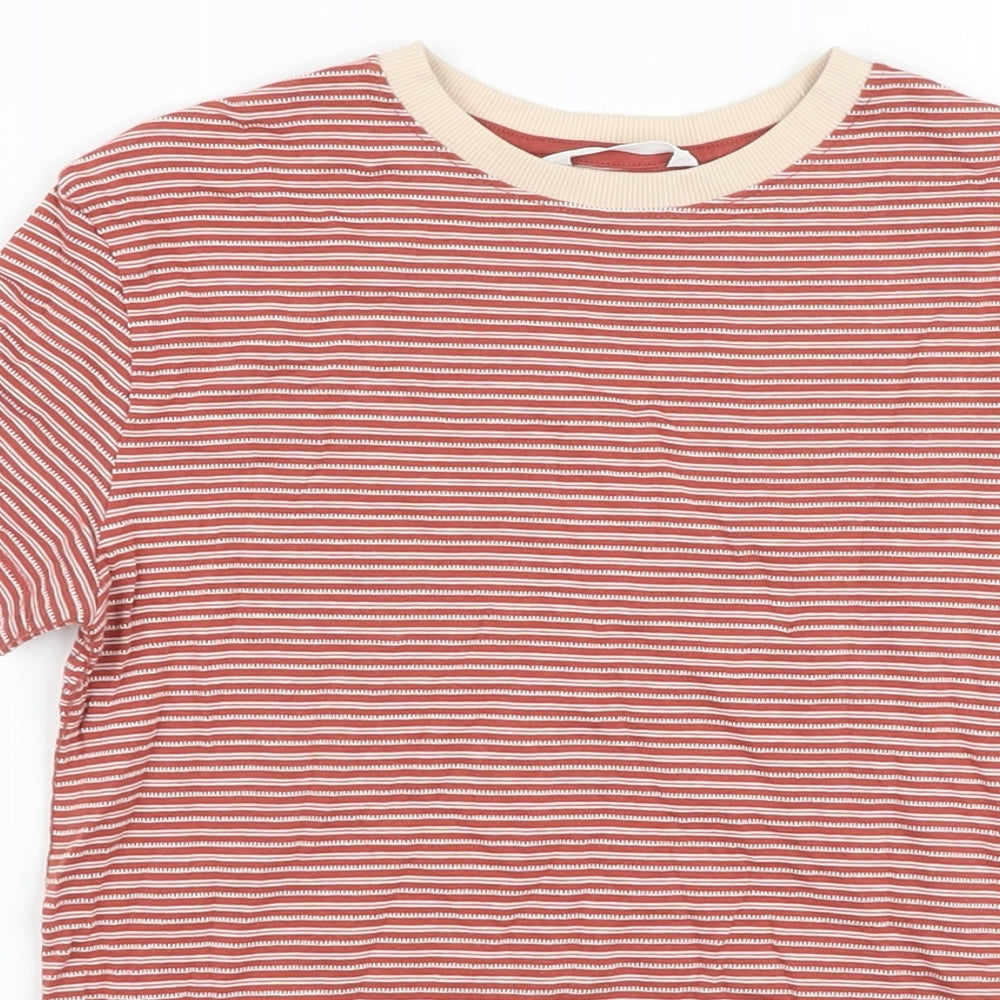 Marks and Spencer Boys Red Striped Cotton Basic T-Shirt Size 8-9 Years Crew Neck Pullover