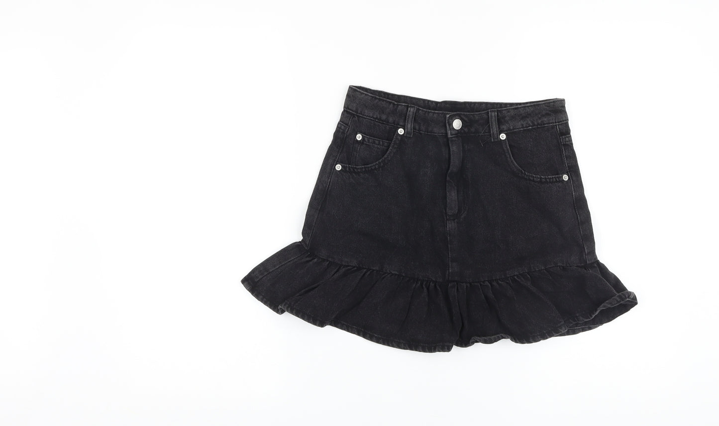Marks and Spencer Girls Black Cotton Skater Skirt Size 11-12 Years Regular Button