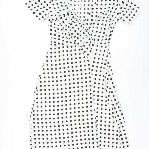 Missguided Womens White Polka Dot Polyester A-Line Size 8 V-Neck Zip