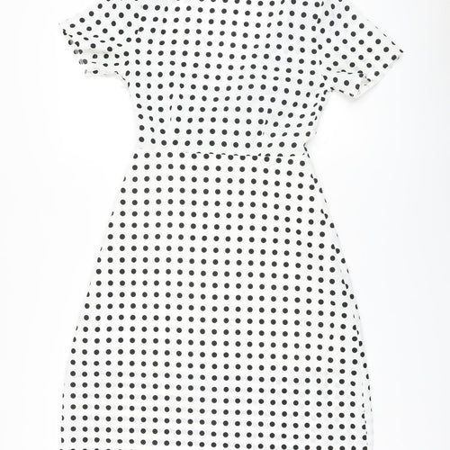 Missguided Womens White Polka Dot Polyester A-Line Size 8 V-Neck Zip