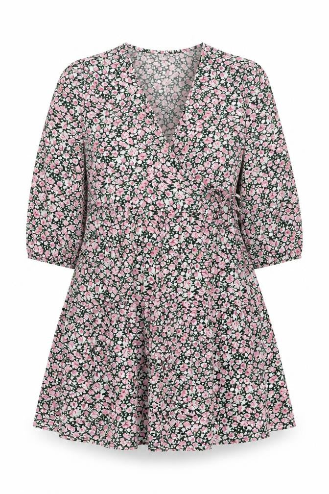 Front view of Boohoo women’s multicoloured floral polyester a-line, size UK 10, v-neck pullover