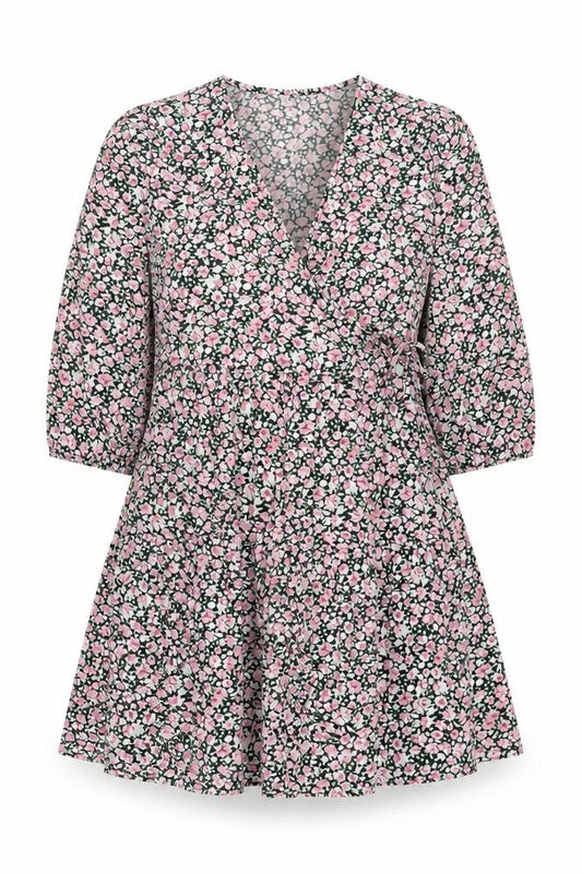 Front view of Boohoo women’s multicoloured floral polyester a-line, size UK 10, v-neck pullover