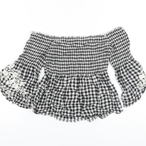 Holliuster Womens Black Check Viscose Basic Blouse Size XS Square Neck