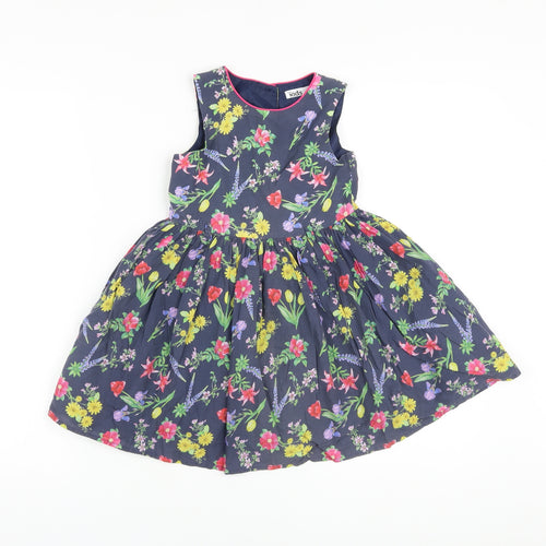 M&Co Girls Blue Floral Cotton A-Line Size 3-4 Years Round Neck Button