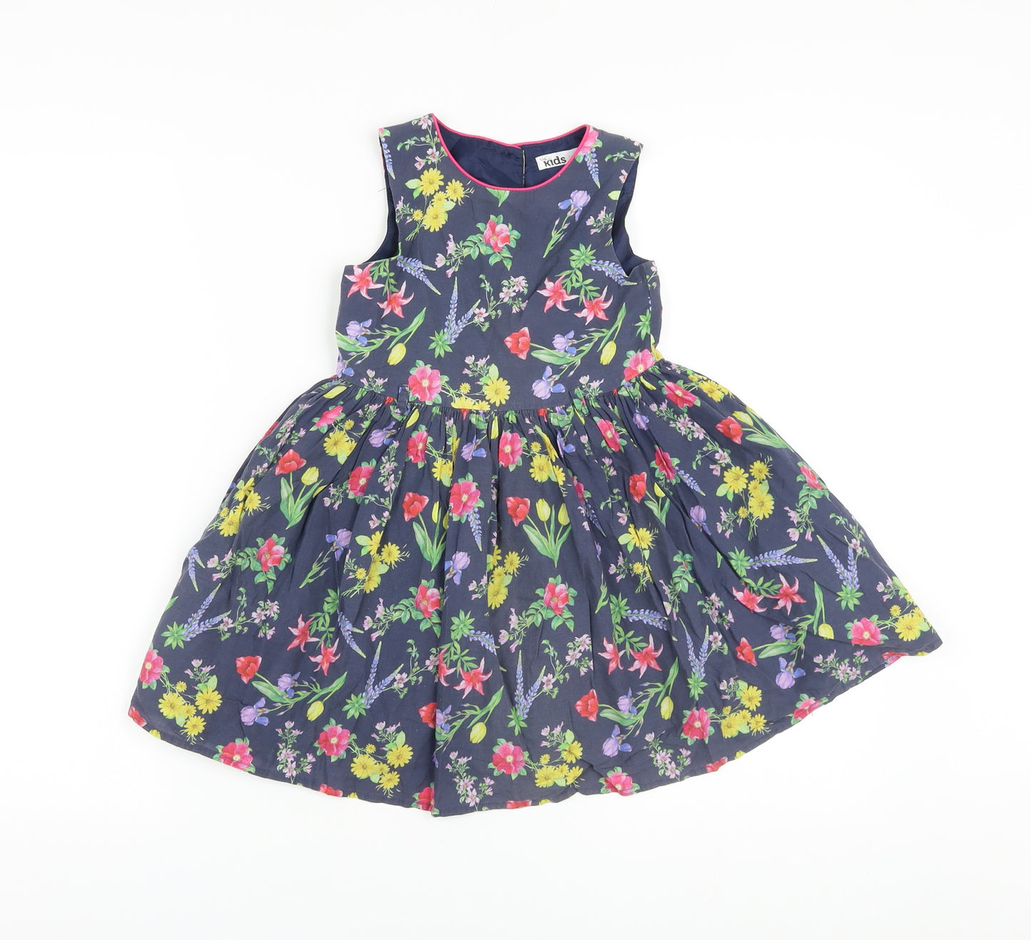 M&Co Girls Blue Floral Cotton A-Line Size 3-4 Years Round Neck Button