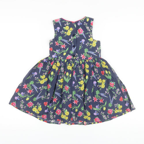 M&Co Girls Blue Floral Cotton A-Line Size 3-4 Years Round Neck Button