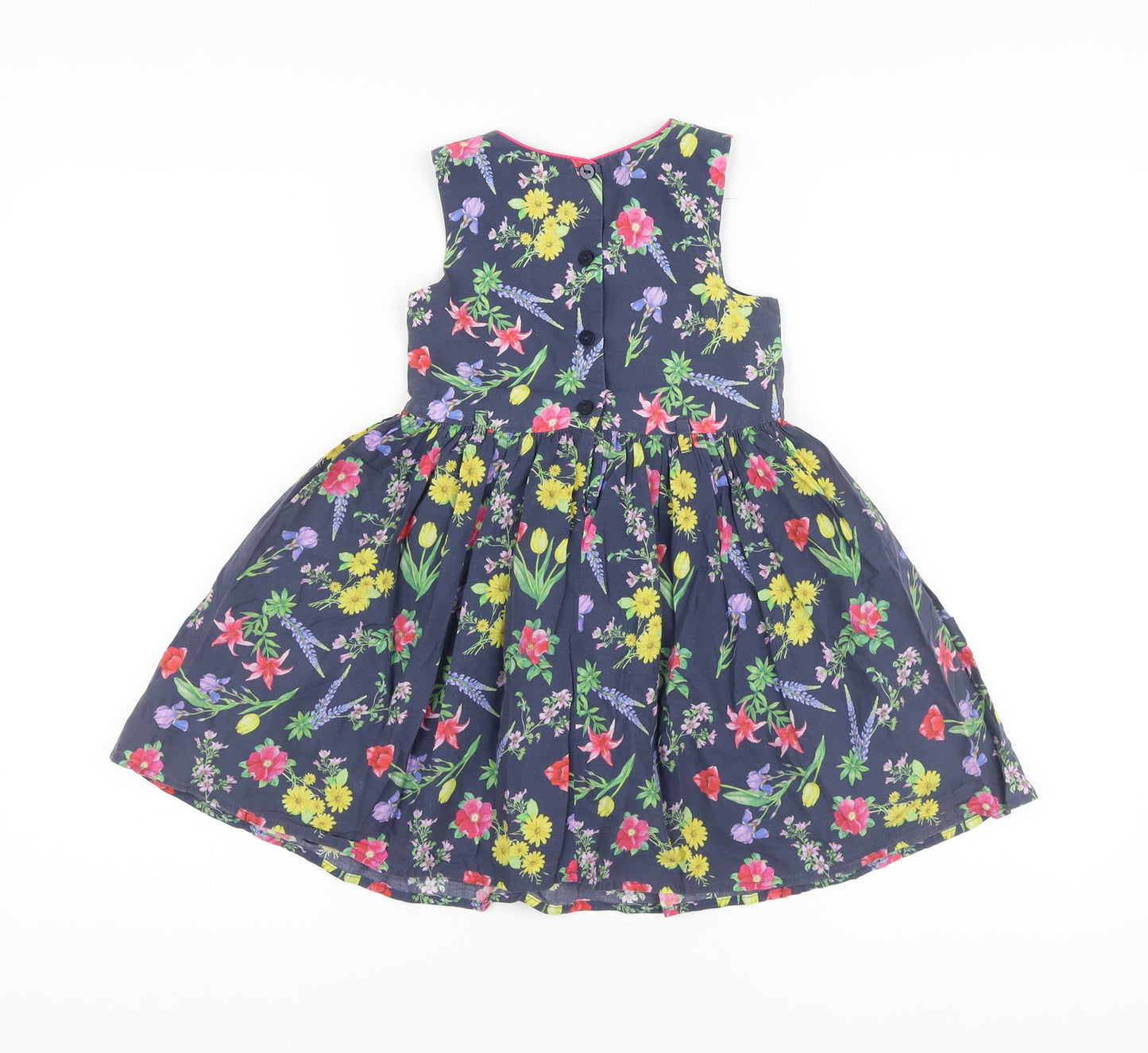 M&Co Girls Blue Floral Cotton A-Line Size 3-4 Years Round Neck Button