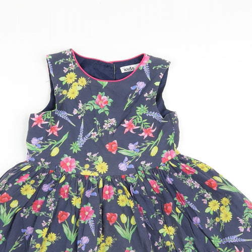 M&Co Girls Blue Floral Cotton A-Line Size 3-4 Years Round Neck Button