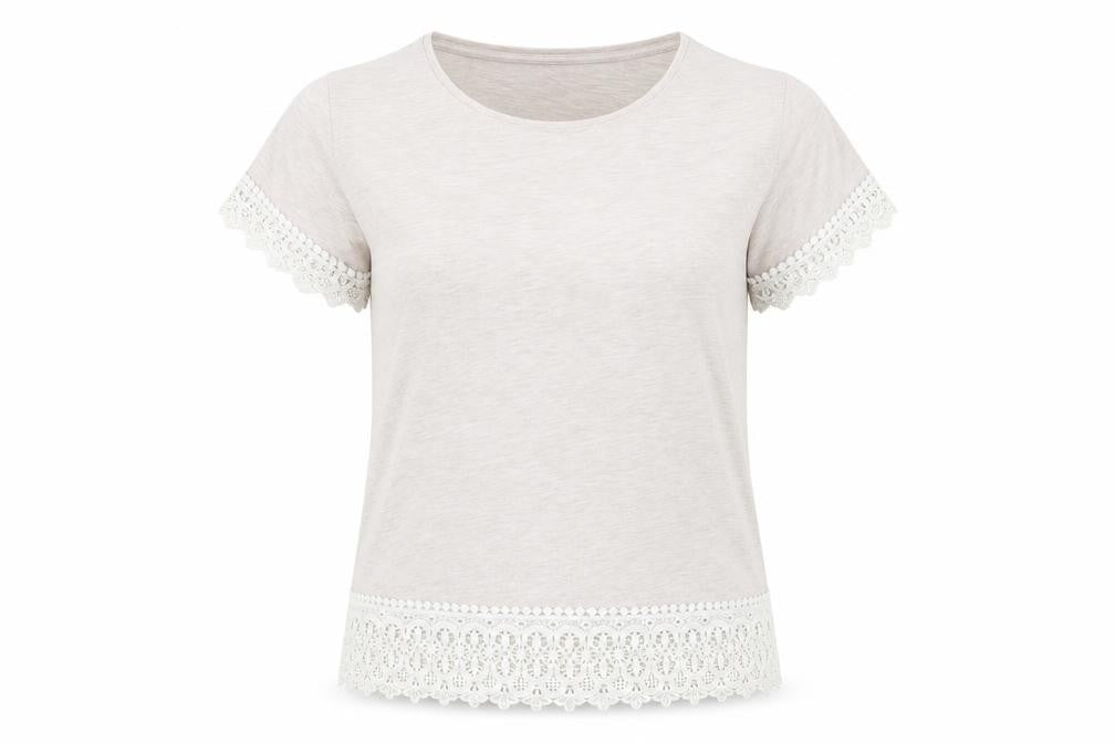 Front view of Dorothy Perkins women’s beige polyester basic t-shirt, size UK 12, crew neck