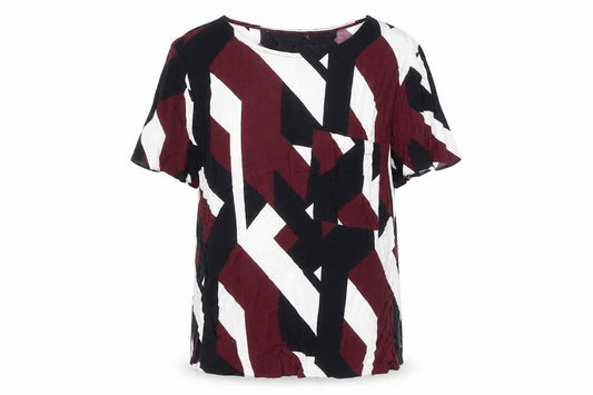 Front view of New Look women’s multicoloured geometric viscose basic blouse, size UK 10, crew neck