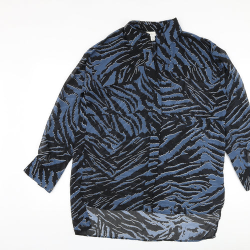 Topshop Womens Blue Animal Print Polyester Basic Blouse Size 6 Collared