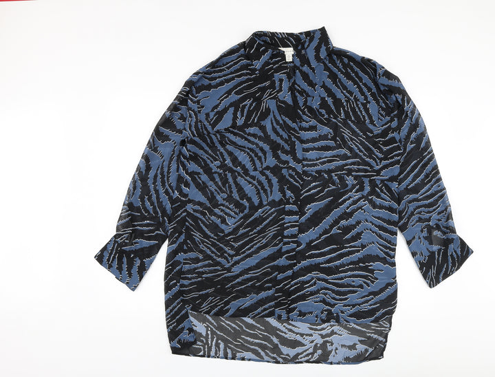 Topshop Womens Blue Animal Print Polyester Basic Blouse Size 6 Collared