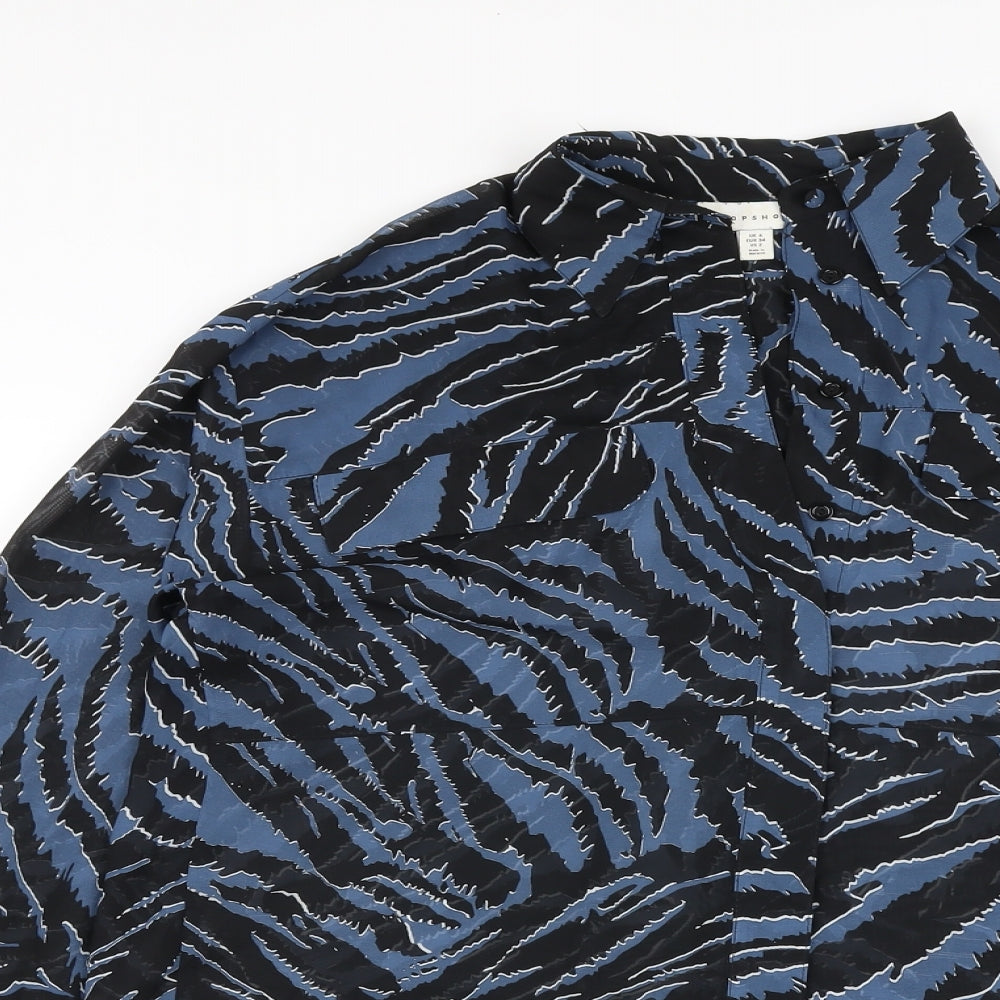 Topshop Womens Blue Animal Print Polyester Basic Blouse Size 6 Collared