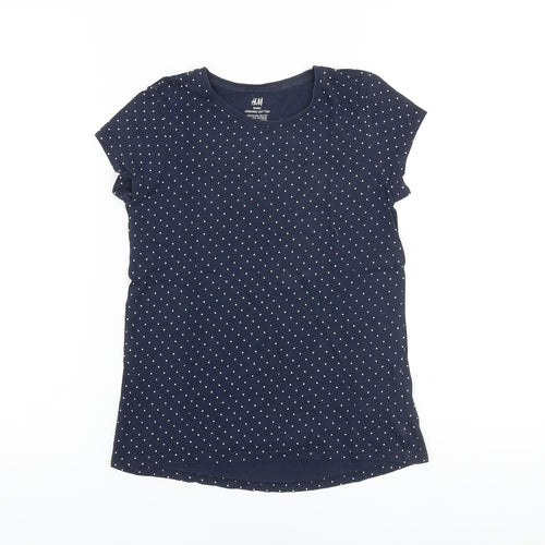 H&M Girls Blue Polka Dot Cotton Basic T-Shirt Size 9-10 Years Crew Neck Pullover