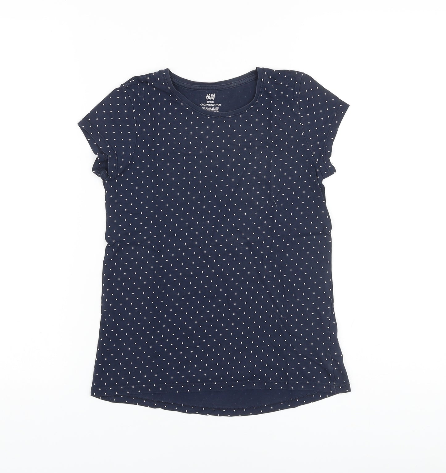 H&M Girls Blue Polka Dot Cotton Basic T-Shirt Size 9-10 Years Crew Neck Pullover