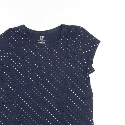 H&M Girls Blue Polka Dot Cotton Basic T-Shirt Size 9-10 Years Crew Neck Pullover