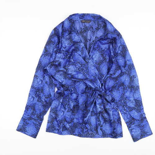 Marks and Spencer Womens Blue Animal Print Polyester Basic Blouse Size 12 V-Neck