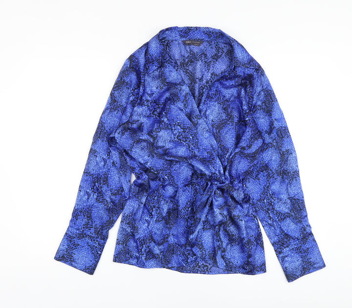 Marks and Spencer Womens Blue Animal Print Polyester Basic Blouse Size 12 V-Neck