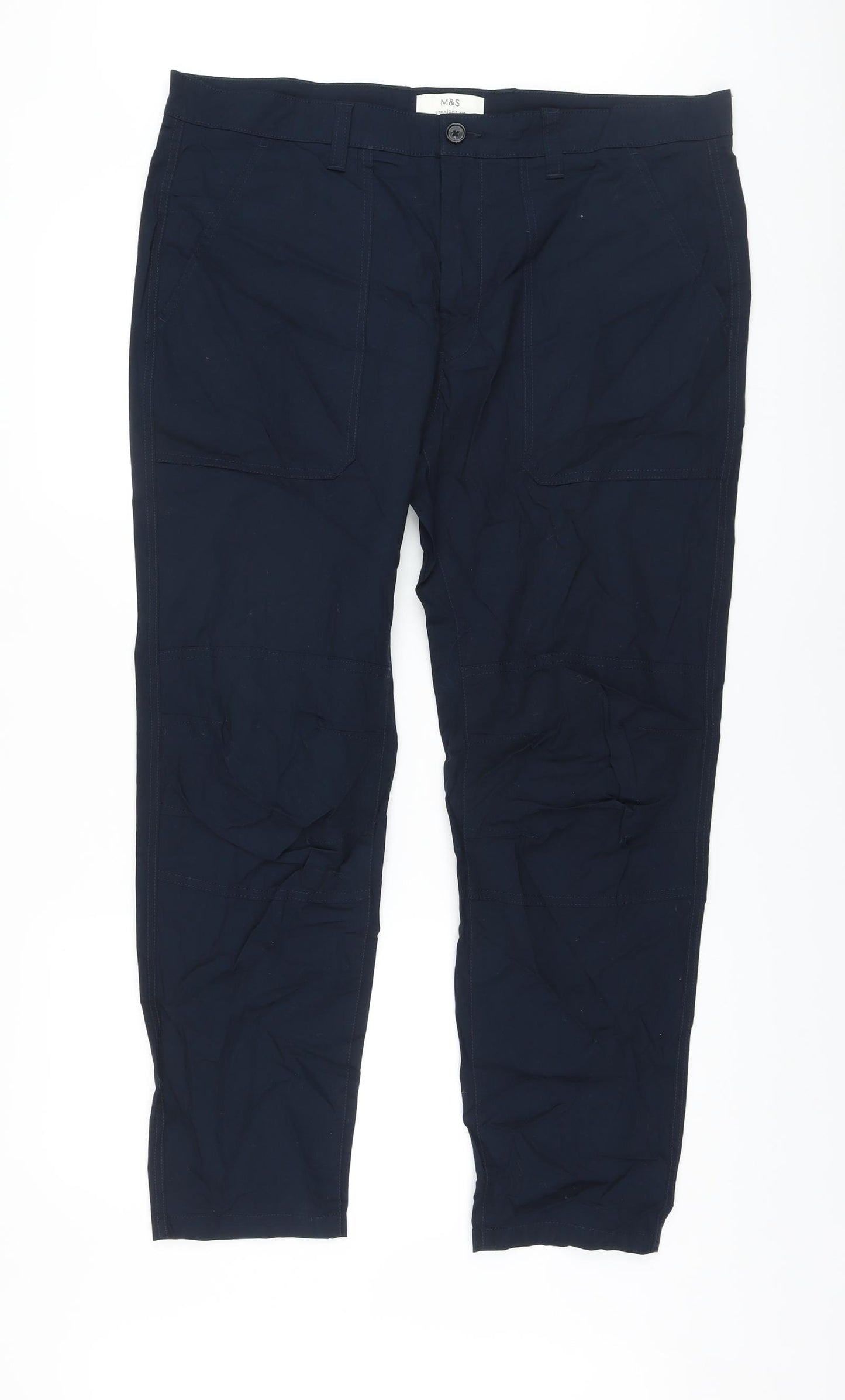 Marks and Spencer Mens Blue Cotton Trousers Size 40 in L31 in Regular Button