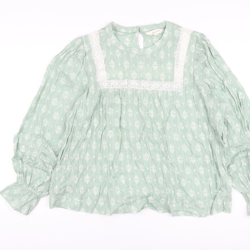 Per Una Womens Green Floral Cotton Basic Blouse Size 16 Round Neck