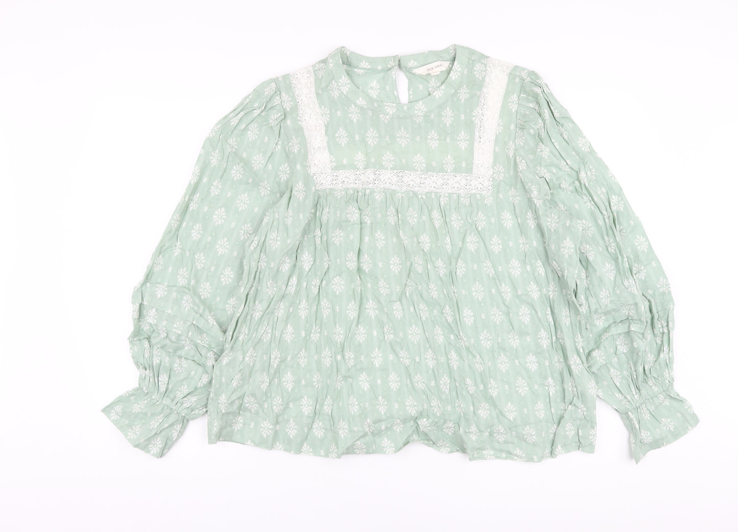 Per Una Womens Green Floral Cotton Basic Blouse Size 16 Round Neck