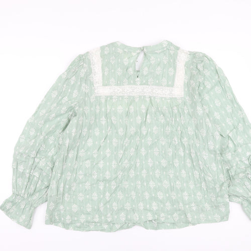 Per Una Womens Green Floral Cotton Basic Blouse Size 16 Round Neck