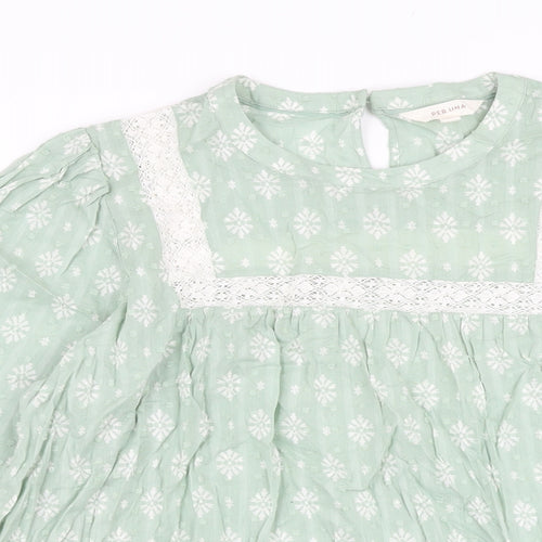 Per Una Womens Green Floral Cotton Basic Blouse Size 16 Round Neck