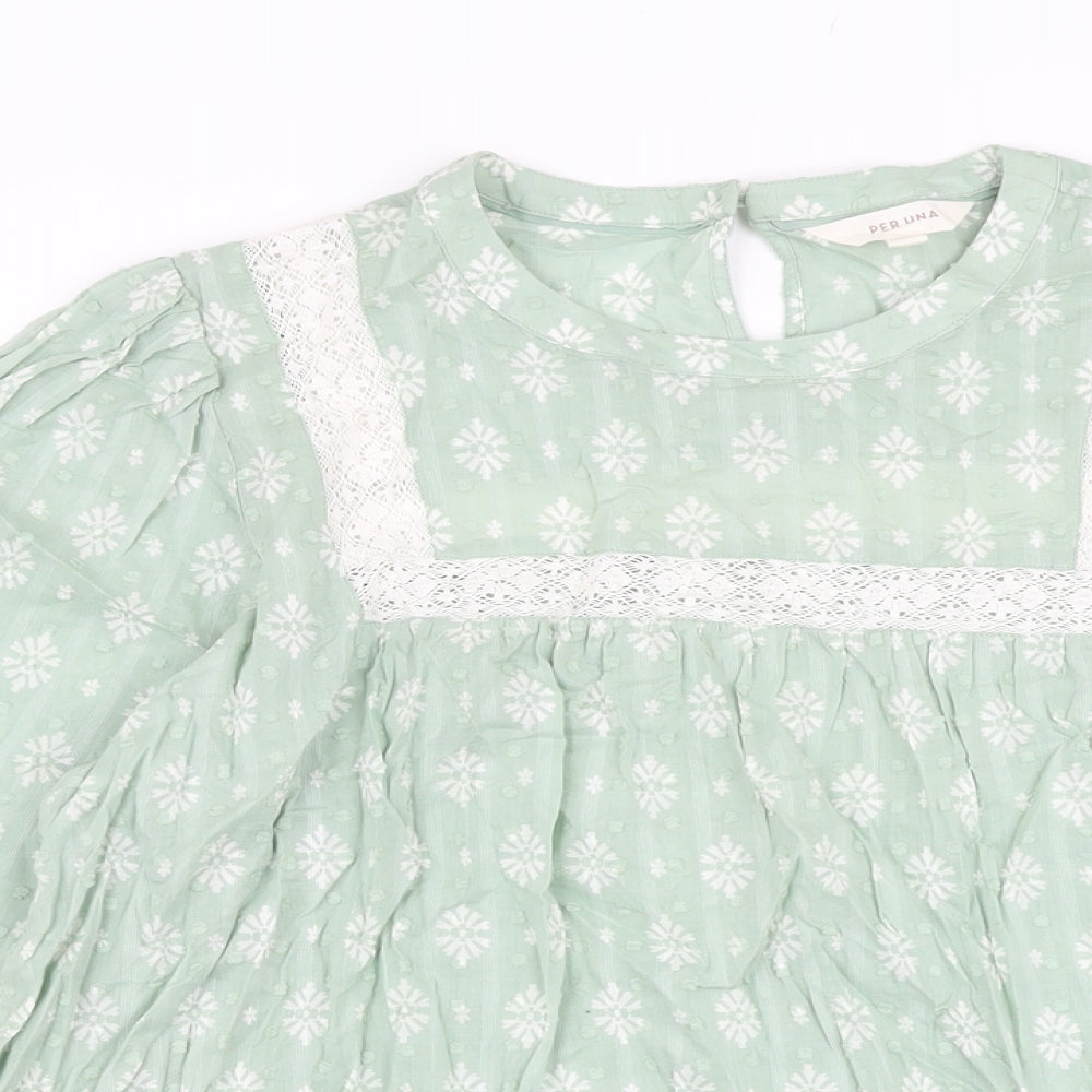Per Una Womens Green Floral Cotton Basic Blouse Size 16 Round Neck