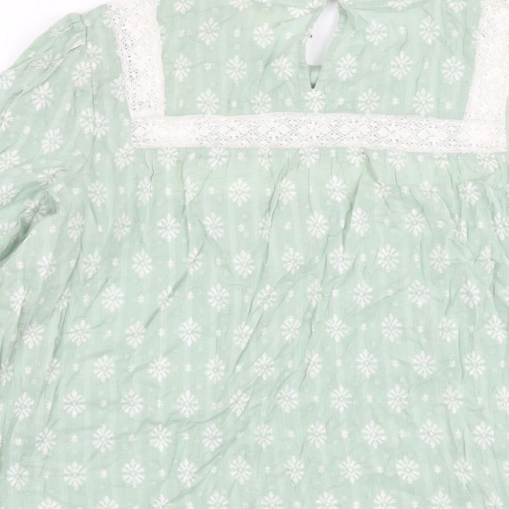 Per Una Womens Green Floral Cotton Basic Blouse Size 16 Round Neck