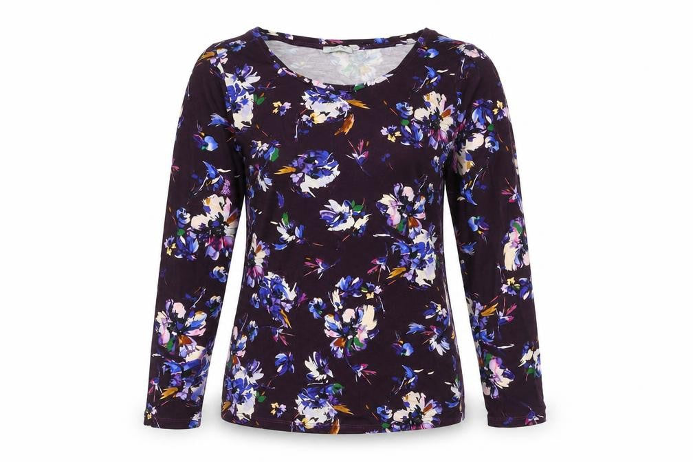 Front view of Bella Di Note women’s purple floral viscose basic blouse, size UK 8, round neck