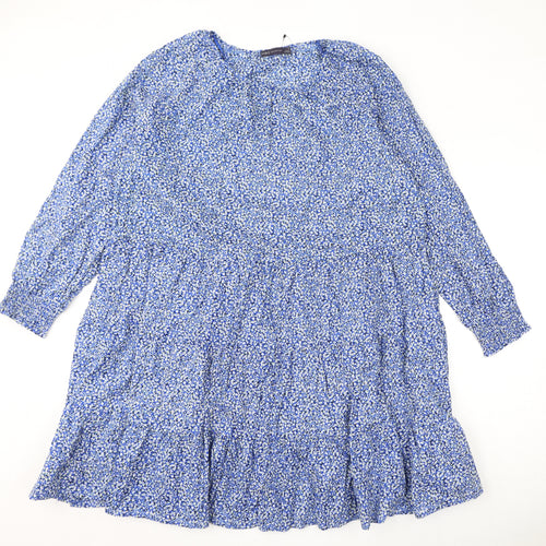 Marks and Spencer Womens Blue Floral 100% Cotton A-Line Size 14 Round Neck Button - Keyhole Neck