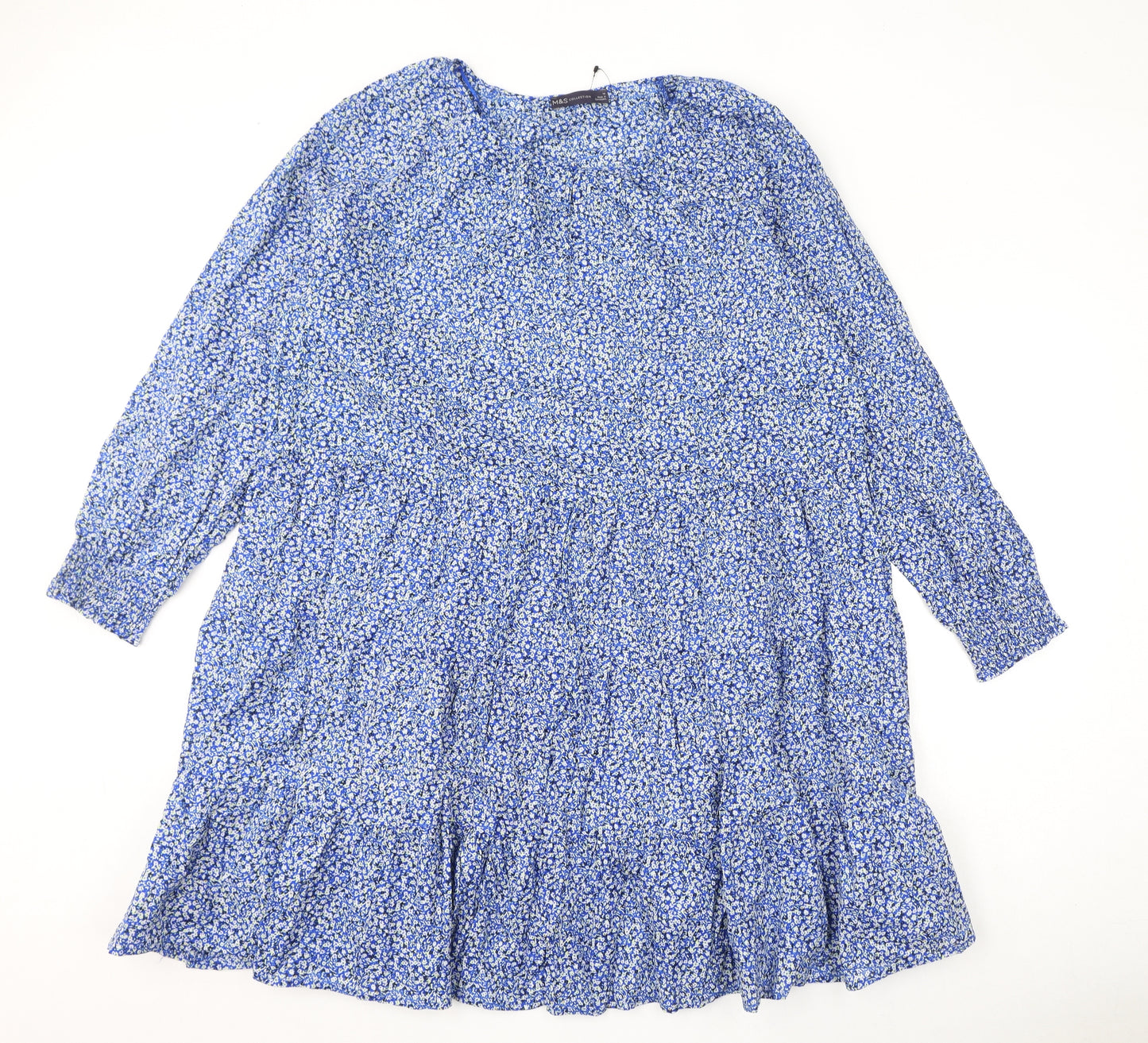 Marks and Spencer Womens Blue Floral 100% Cotton A-Line Size 14 Round Neck Button - Keyhole Neck