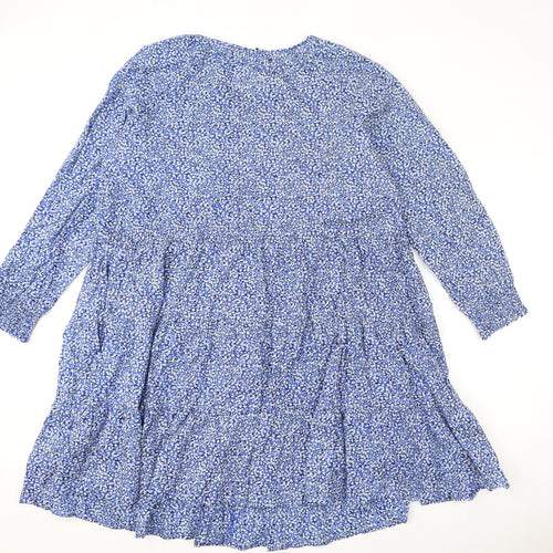 Marks and Spencer Womens Blue Floral 100% Cotton A-Line Size 14 Round Neck Button - Keyhole Neck