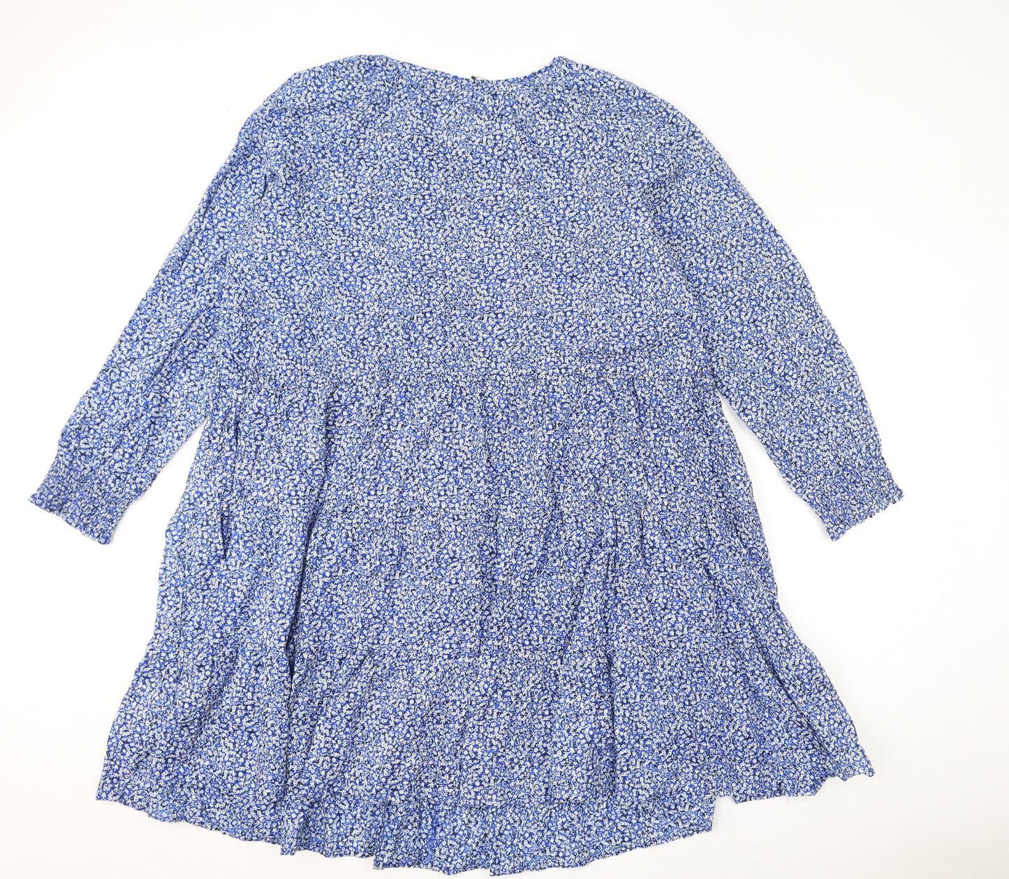 Marks and Spencer Womens Blue Floral 100% Cotton A-Line Size 14 Round Neck Button - Keyhole Neck