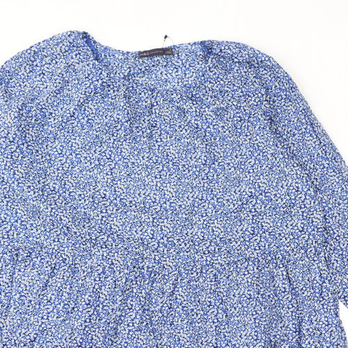 Marks and Spencer Womens Blue Floral 100% Cotton A-Line Size 14 Round Neck Button - Keyhole Neck