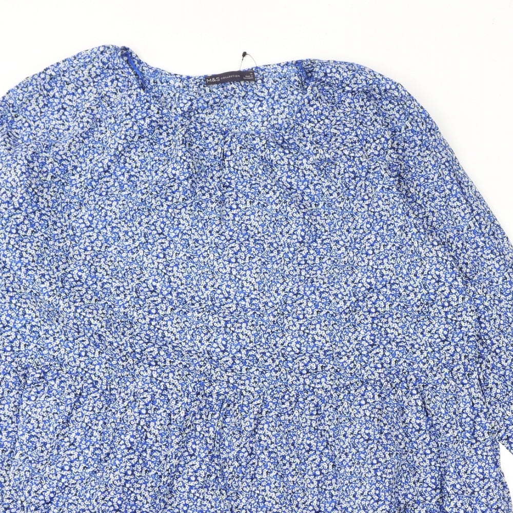 Marks and Spencer Womens Blue Floral 100% Cotton A-Line Size 14 Round Neck Button - Keyhole Neck