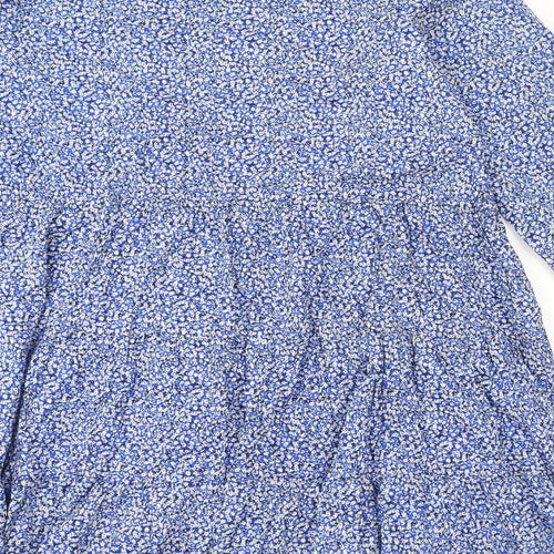 Marks and Spencer Womens Blue Floral 100% Cotton A-Line Size 14 Round Neck Button - Keyhole Neck