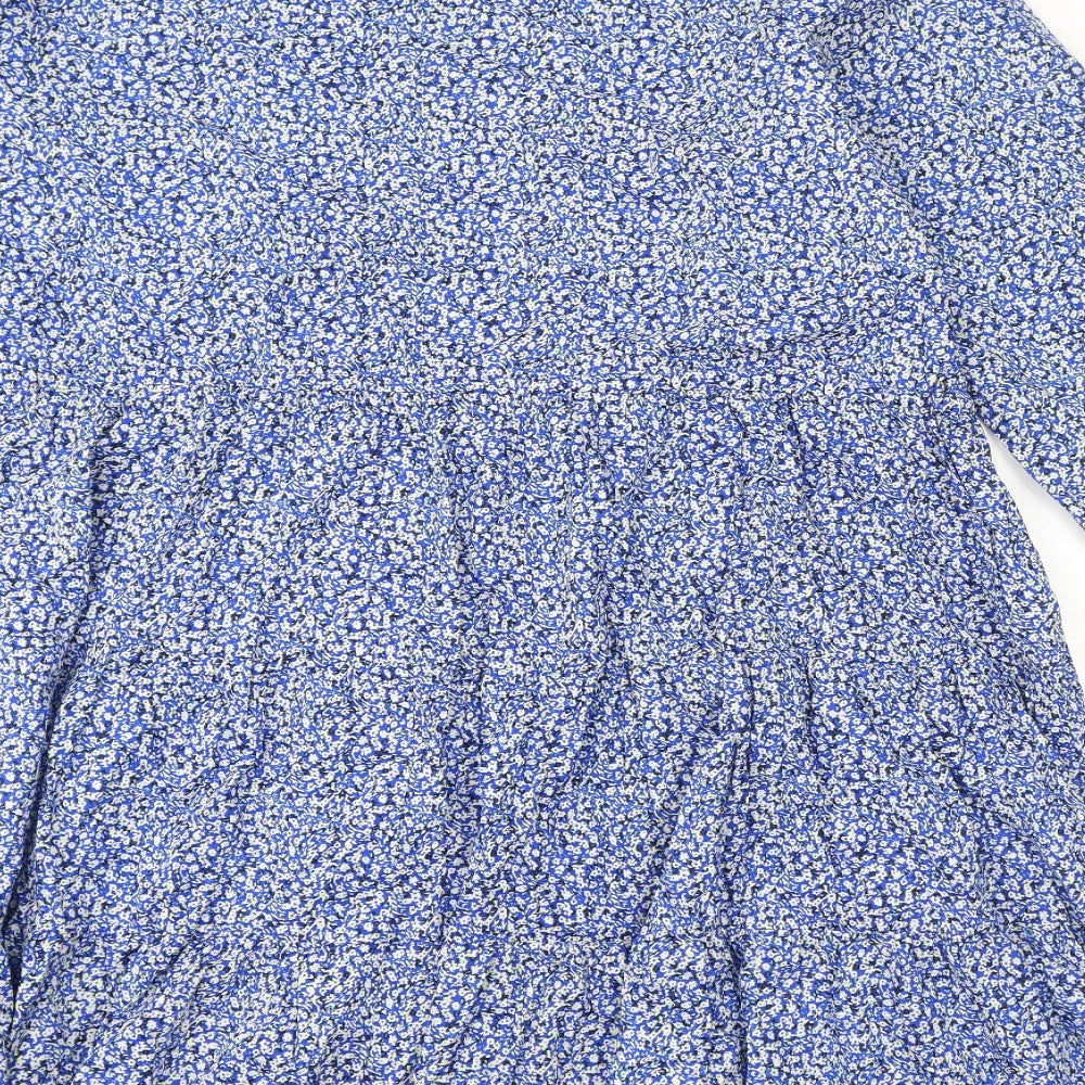 Marks and Spencer Womens Blue Floral 100% Cotton A-Line Size 14 Round Neck Button - Keyhole Neck