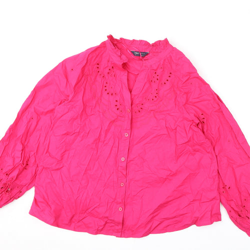 Marks and Spencer Womens Pink 100% Cotton Basic Button-Up Size 12 V-Neck - Embroidery