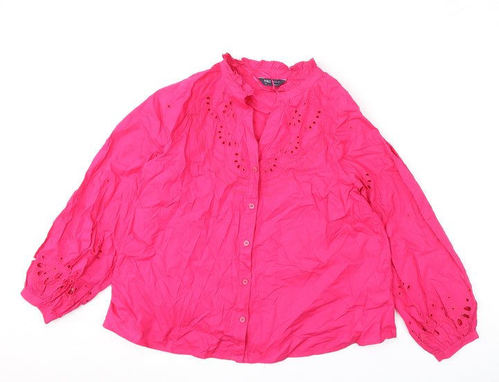 Marks and Spencer Womens Pink 100% Cotton Basic Button-Up Size 12 V-Neck - Embroidery