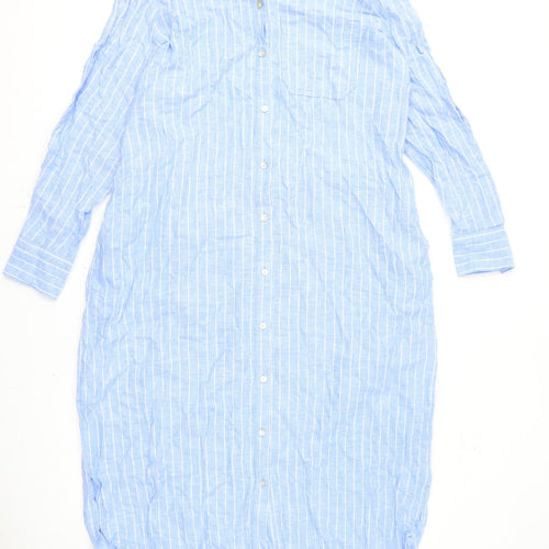 Marks and Spencer Womens Blue Striped Linen Shirt Dress Size 14 Collared Button