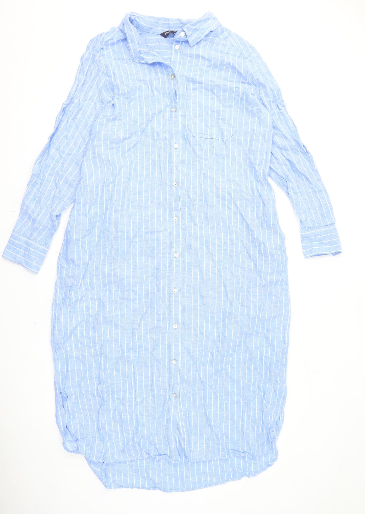 Marks and Spencer Womens Blue Striped Linen Shirt Dress Size 14 Collared Button