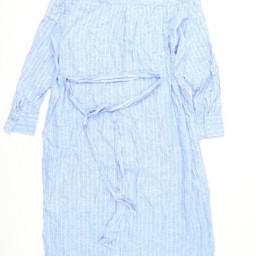 Marks and Spencer Womens Blue Striped Linen Shirt Dress Size 14 Collared Button