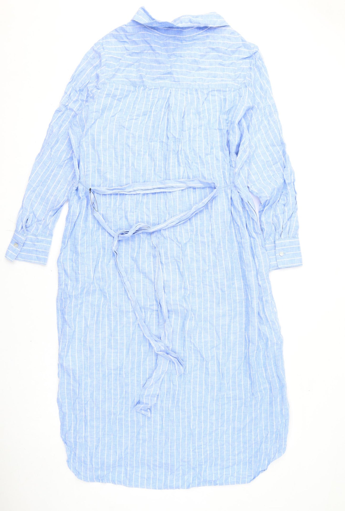 Marks and Spencer Womens Blue Striped Linen Shirt Dress Size 14 Collared Button
